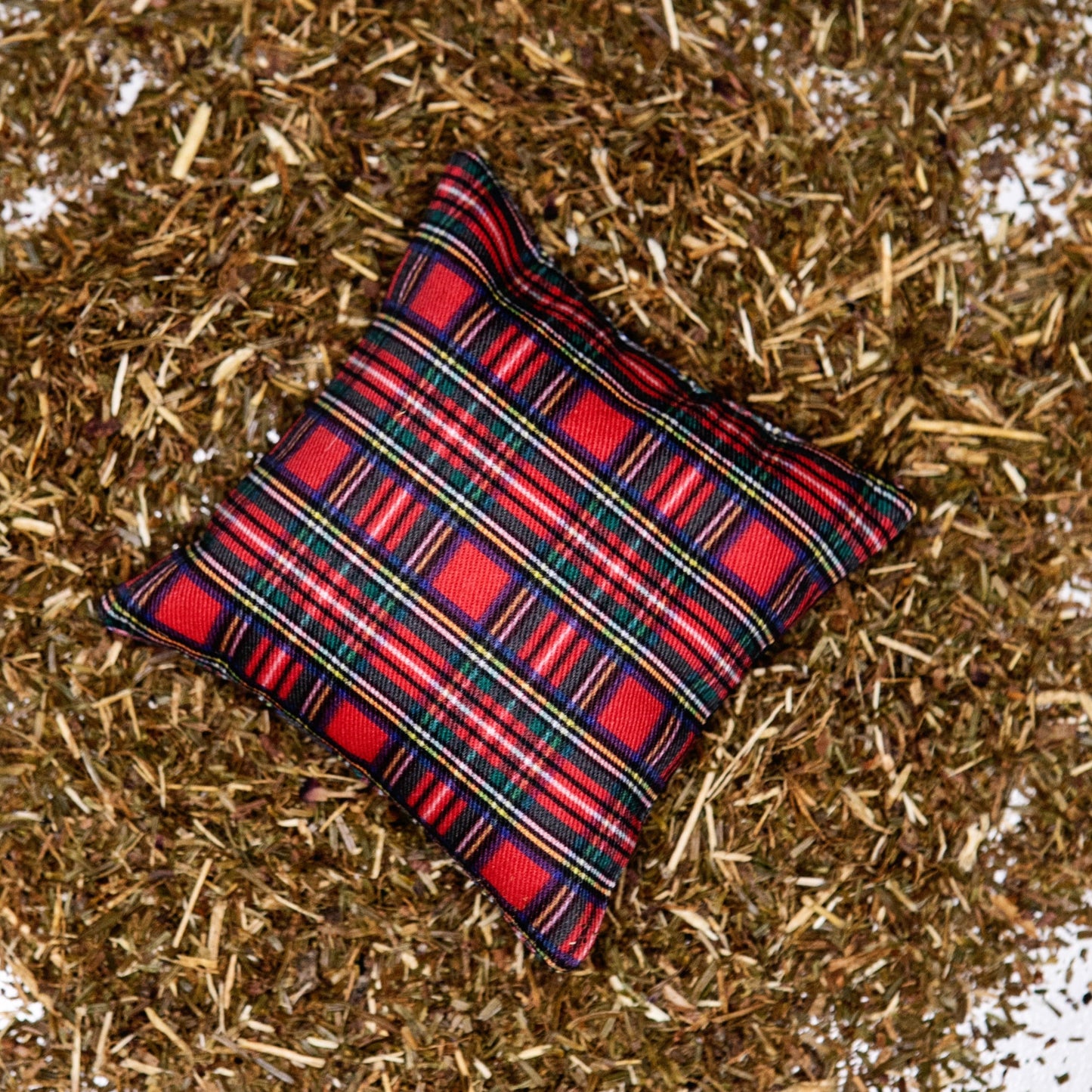 A red plaid fabric pillow on a bed of balsam fir needles