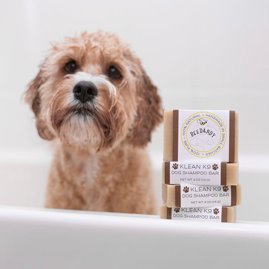 Dog in white bathtub sitting behind a stack of Beedandy Klean K9 dog shampoo bars.