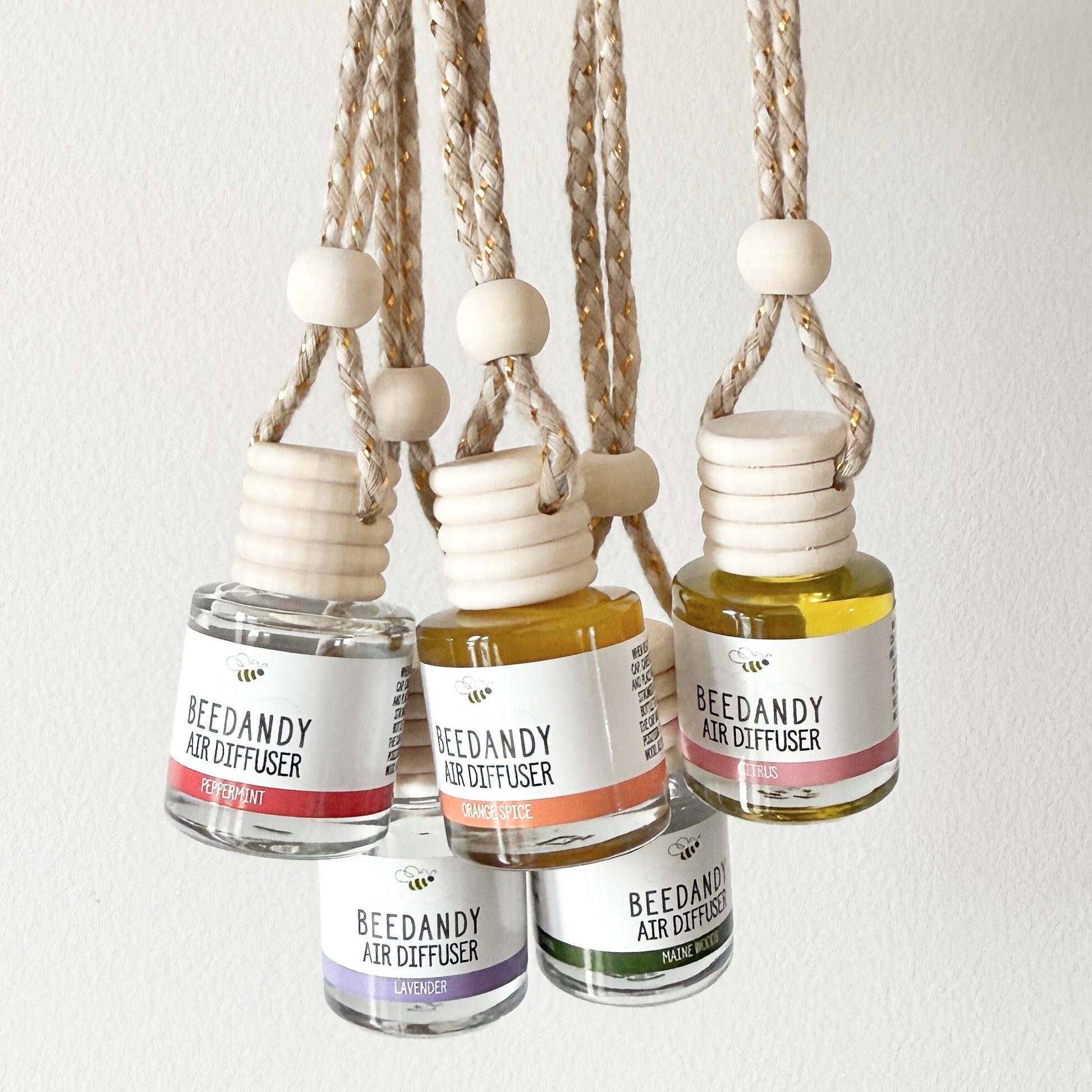 A collection of 5 glass air diffusers with wooden lids, attached to braided ropes.