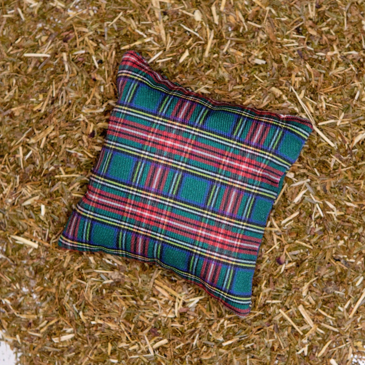 A green plaid fabric pillow on a bed of balsam fir needles