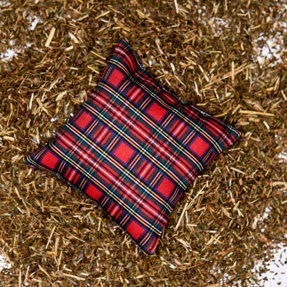 A red plaid fabric pillow on a bed of balsam fir needles