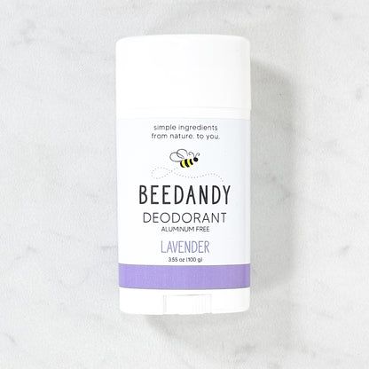Beedandy lavender aluminum-free deodorant stick displayed on a light background.