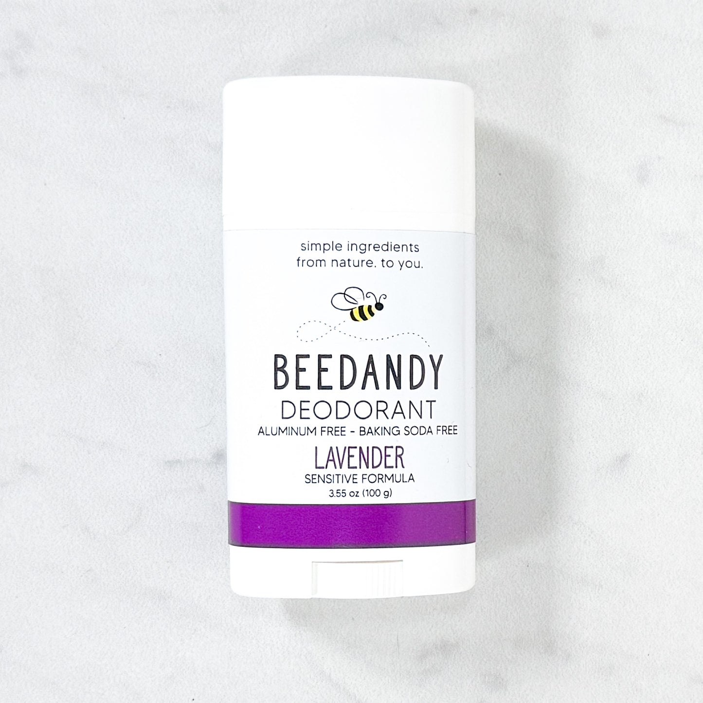 Beedandy lavender sensitive formula deodorant stick displayed on a light background.