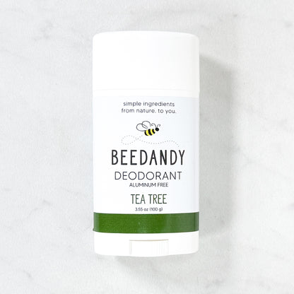 Beedandy tea tree aluminum-free deodorant stick displayed on a light background.