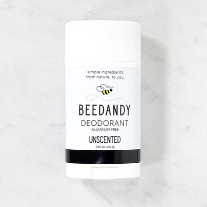 Beedandy unscented aluminum-free deodorant stick displayed on a light background.