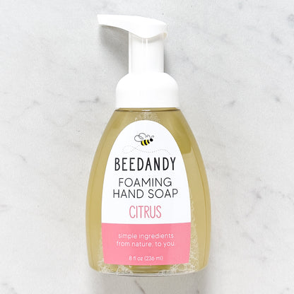 Beedandy citrus foaming hand soap in a clear pump bottle with white dispenser on a light background.