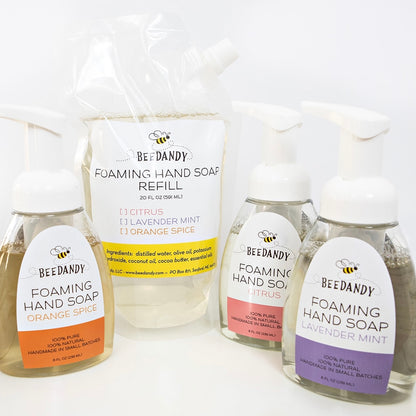 Beedandy foaming hand soap bottles in multiple scents displayed with a foaming hand soap refill pouch on a white background.