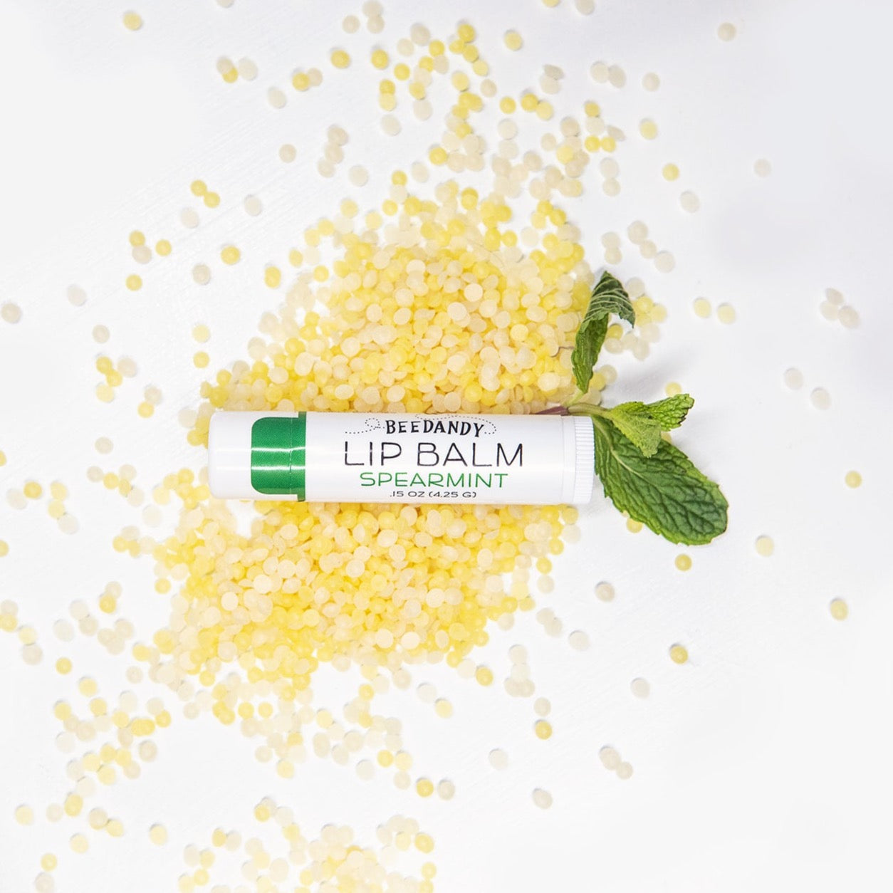 Beedandy spearmint lip balm resting on yellow beeswax pellets with sprig of mint
